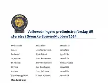 Bild som visar valberedningens förslag till styrelse 2024 för Svenska bouvierklubben
