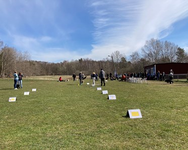 Bilden visar en rad med rallylydnadsskyltar och några människor och hundar i bakgrunden