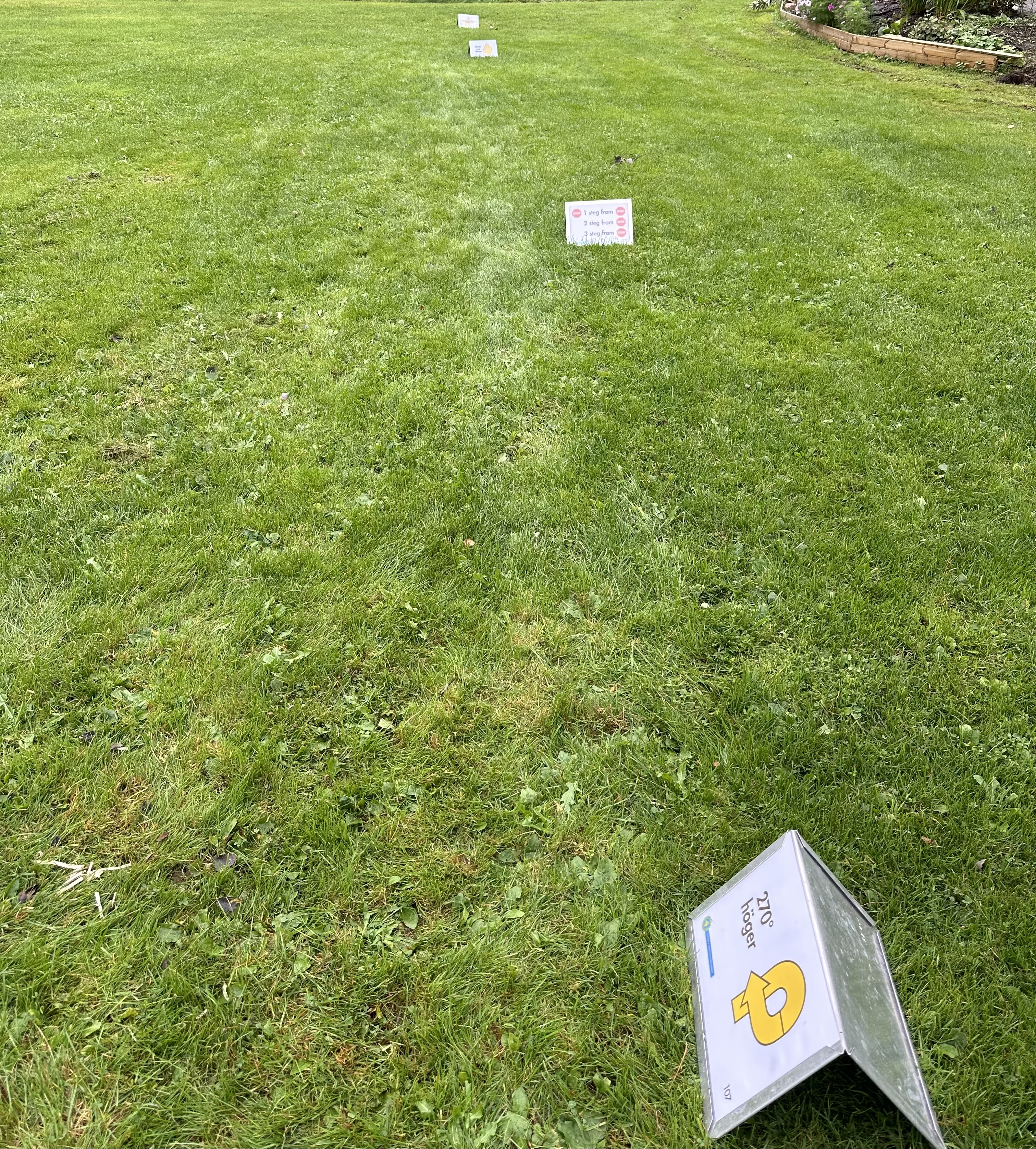 Rallylydnadsskyltar på gräsmatta