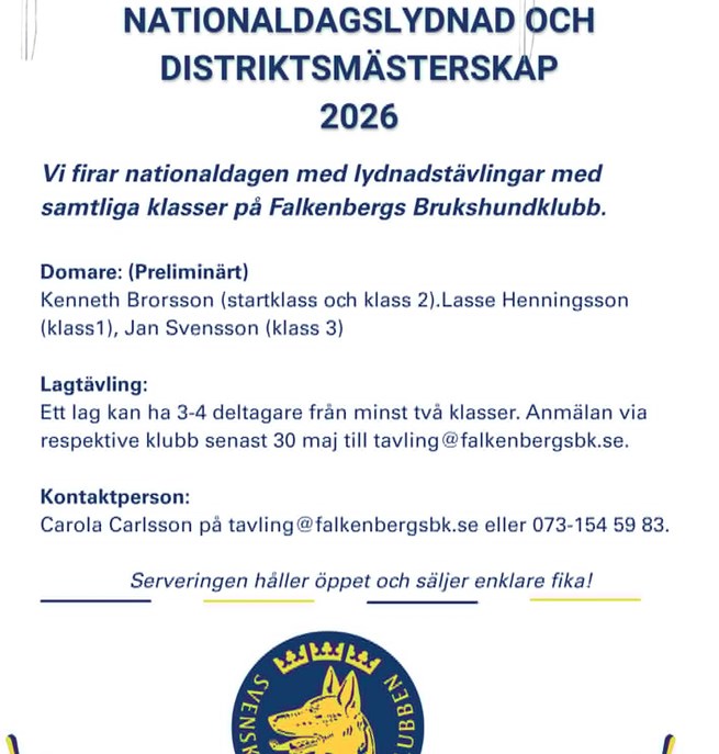 Vi firar nationaldagen med lydnadstävlingar med samtliga klasser på Falkenbergs Brukshundklubb.