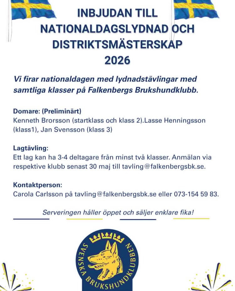 Vi firar nationaldagen med lydnadstävlingar med samtliga klasser på Falkenbergs Brukshundklubb.