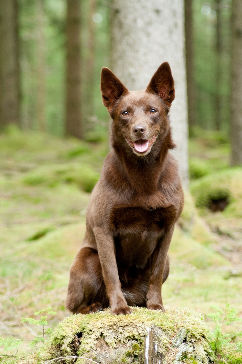 Australian kelpie sitter på en stubbe. 