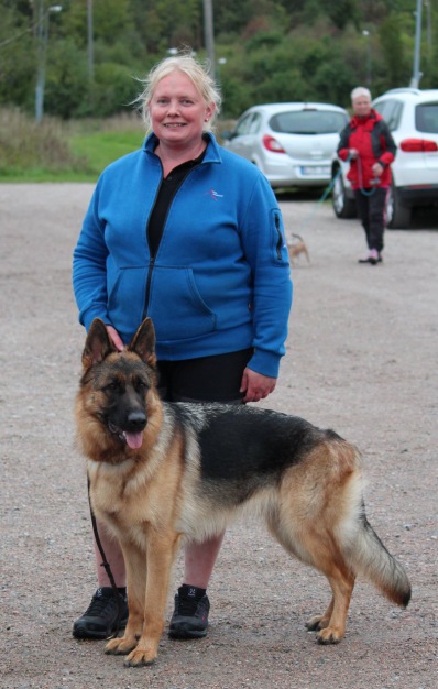 Kvinna med blå tröja står bakom sin hund. Hunden står upp framför henne