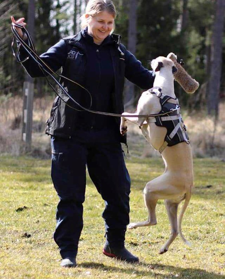 Jenny med hund som hoppar