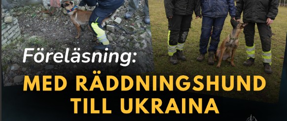 Bild på hund samt texten räddningshund till Ukraina.