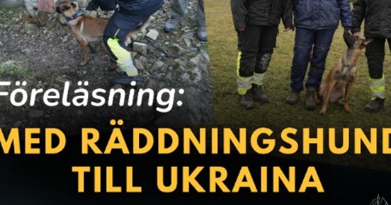 Bild på hund samt texten räddningshund till Ukraina.