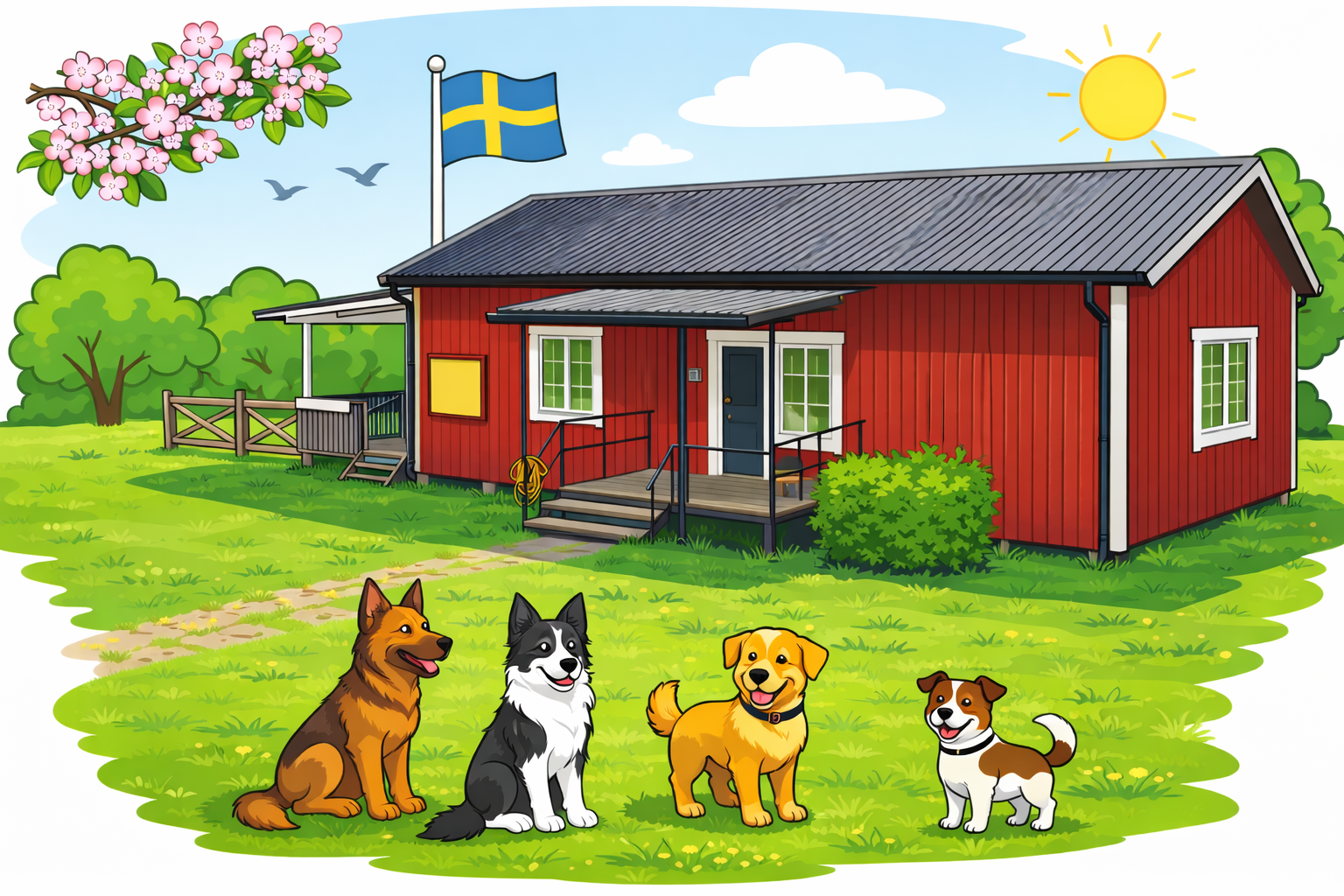 Tecknad bild på klubbstugan med fyra hundar utanför
