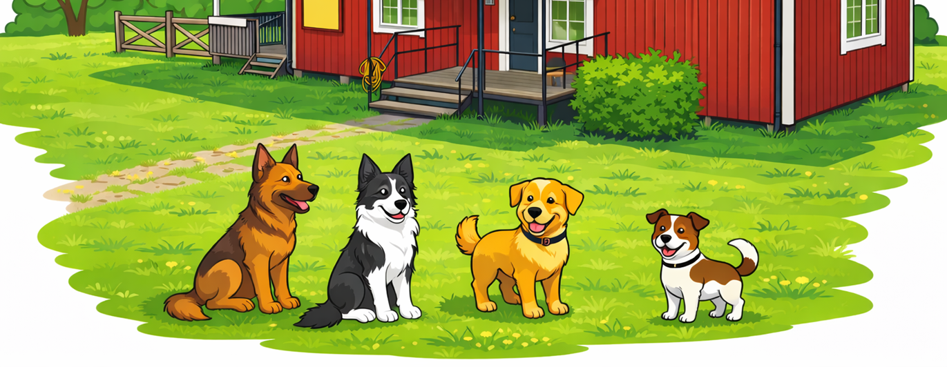 Tecknad bild på klubbstugan med fyra hundar utanför