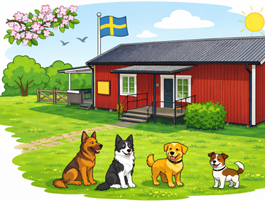 Tecknad bild på klubbstugan med fyra hundar utanför