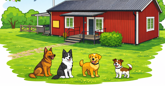 Tecknad bild på klubbstugan med fyra hundar utanför