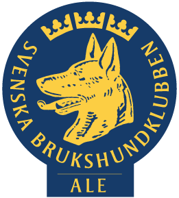 Blå gul logga på Svenska brukshundklubbens logga. En hund med tre kronor över hunden. Står Ale längst ner på loggan.