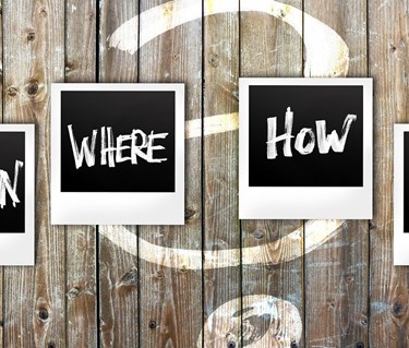 Bild som visar orden Who when where how why what.