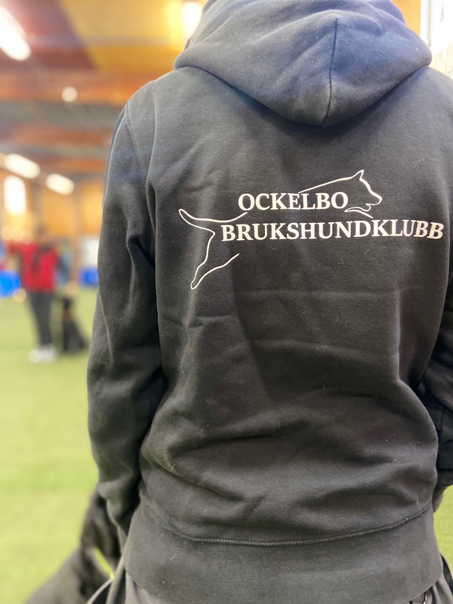 Ryggtavla på en person som bär en svart hoodie med Ockelbo brukshundklubbs logga. I bakgrunden syns ett ekipage som tränar kontakt med hunden sittandes vid sidan om föraren. 