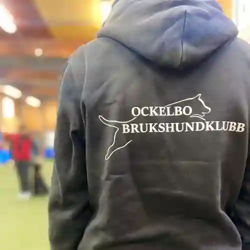 Ryggtavla på en person som bär en svart hoodie med Ockelbo brukshundklubbs logga. I bakgrunden syns ett ekipage som tränar kontakt med hunden sittandes vid sidan om föraren. 