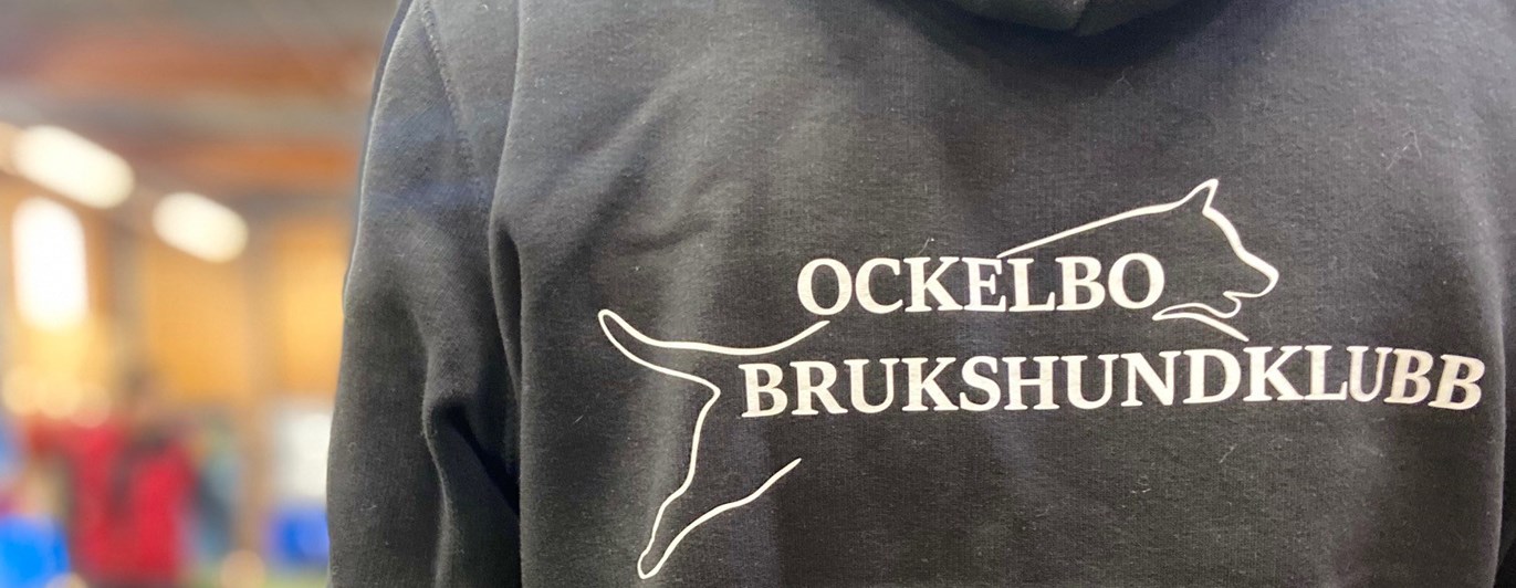 Ryggtavla på en person som bär en svart hoodie med Ockelbo brukshundklubbs logga. I bakgrunden syns ett ekipage som tränar kontakt med hunden sittandes vid sidan om föraren.