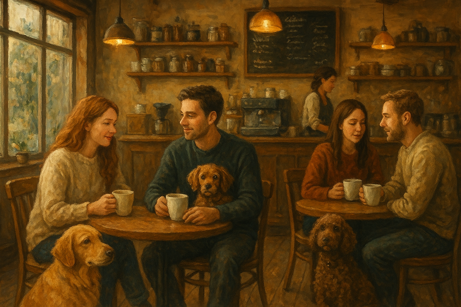 Mysigt kafé med personer som fikar med sina hundar.