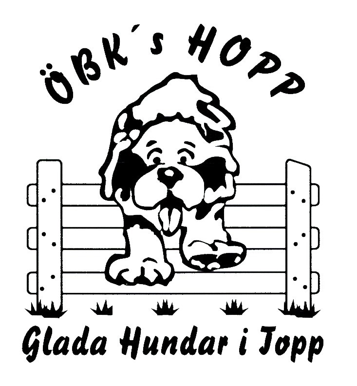 Bild på tecknad hund som hoppar över ett hinder. Örkelljunga brukshundklubbs namn