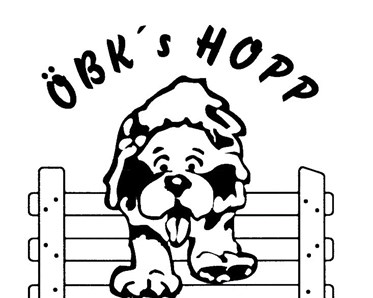 Bild på tecknad hund som hoppar över ett hinder. Örkelljunga brukshundklubbs namn