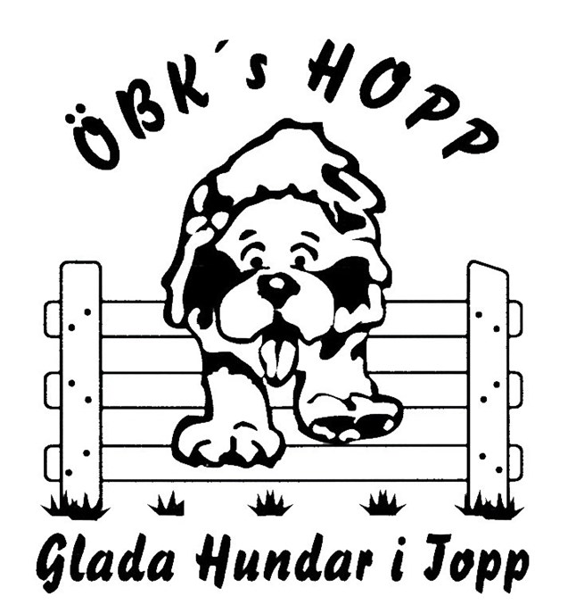 Bild på tecknad hund som hoppar över ett hinder. Örkelljunga brukshundklubbs namn
