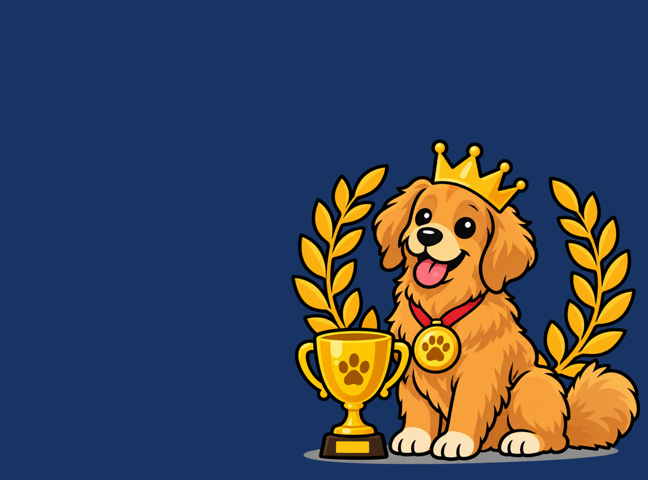 Teckad hund med guldkrona och vinnarbuckla, illustration för "Årets Hund"