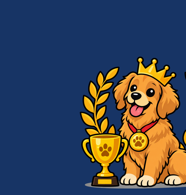 Teckad hund med guldkrona och vinnarbuckla, illustration för "Årets Hund"