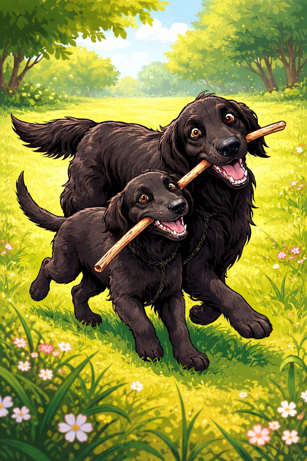 Två Flatcoated retriever som springer bredvid varann med en pinne i munnen