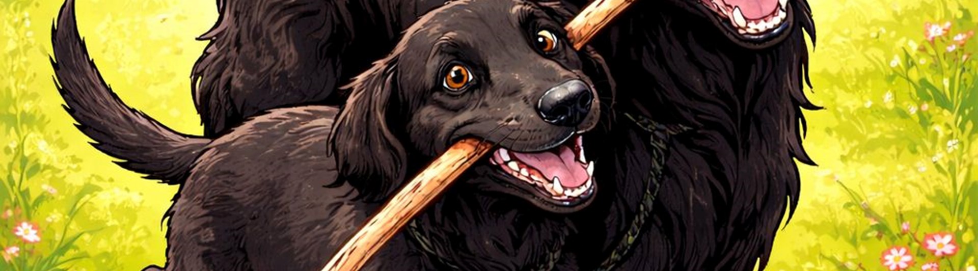 Två Flatcoated retriever som springer bredvid varann med en pinne i munnen