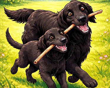 Två Flatcoated retriever som springer bredvid varann med en pinne i munnen