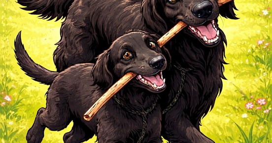 Två Flatcoated retriever som springer bredvid varann med en pinne i munnen