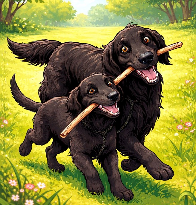 Två Flatcoated retriever som springer bredvid varann med en pinne i munnen