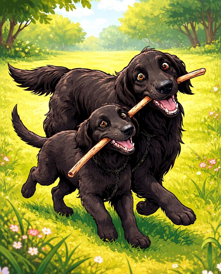 Två Flatcoated retriever som springer bredvid varann med en pinne i munnen