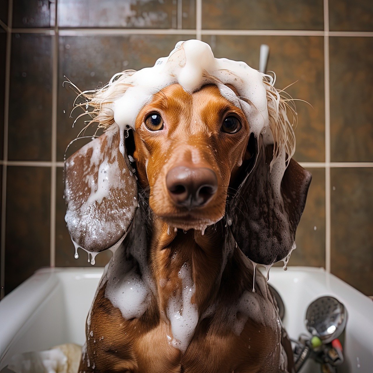 hund i dusch med schampo i på huvudet