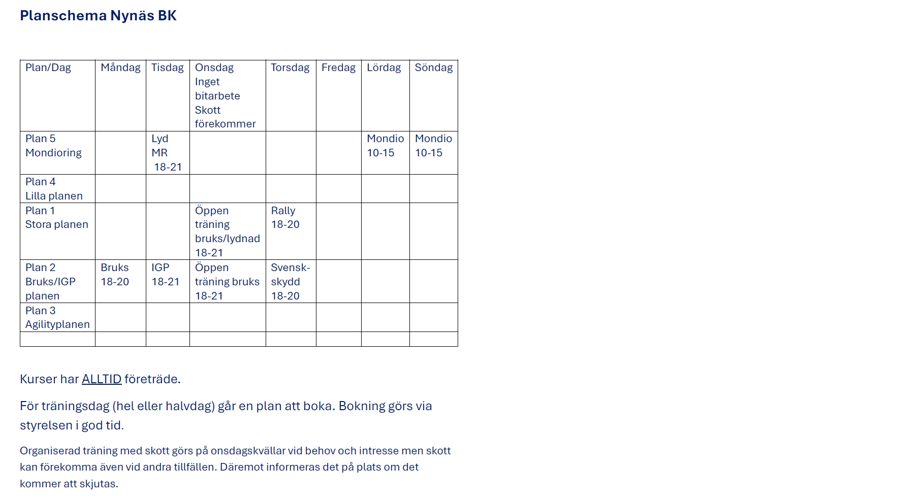 Planschema 2025 för klubben