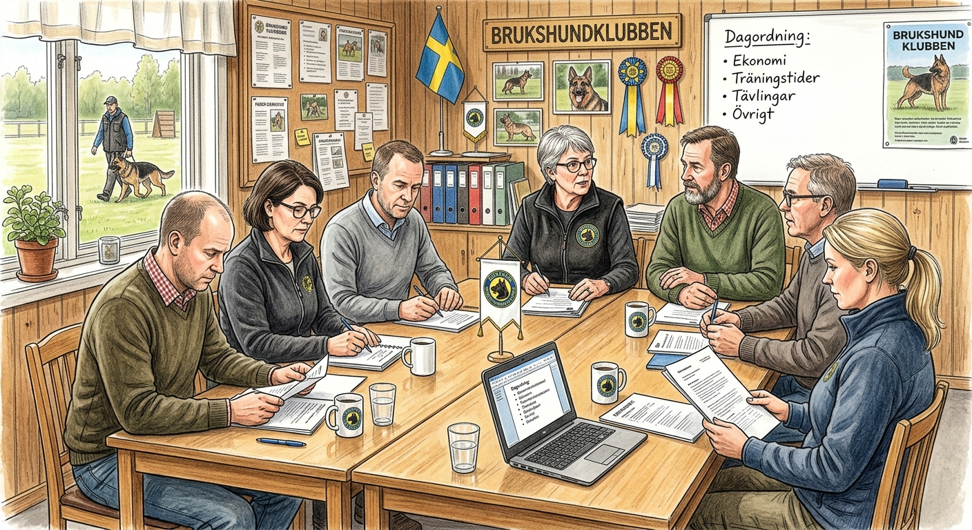AI-generead bild av ett styrelsemöte på en brukshundklubb.