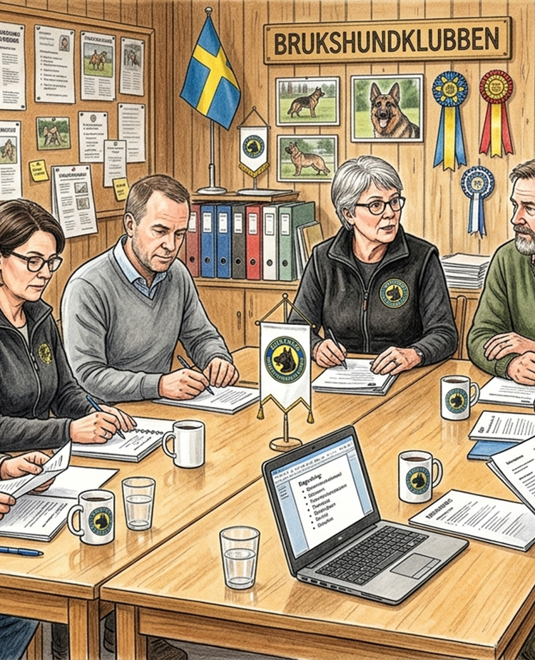 AI-generead bild av ett styrelsemöte på en brukshundklubb.