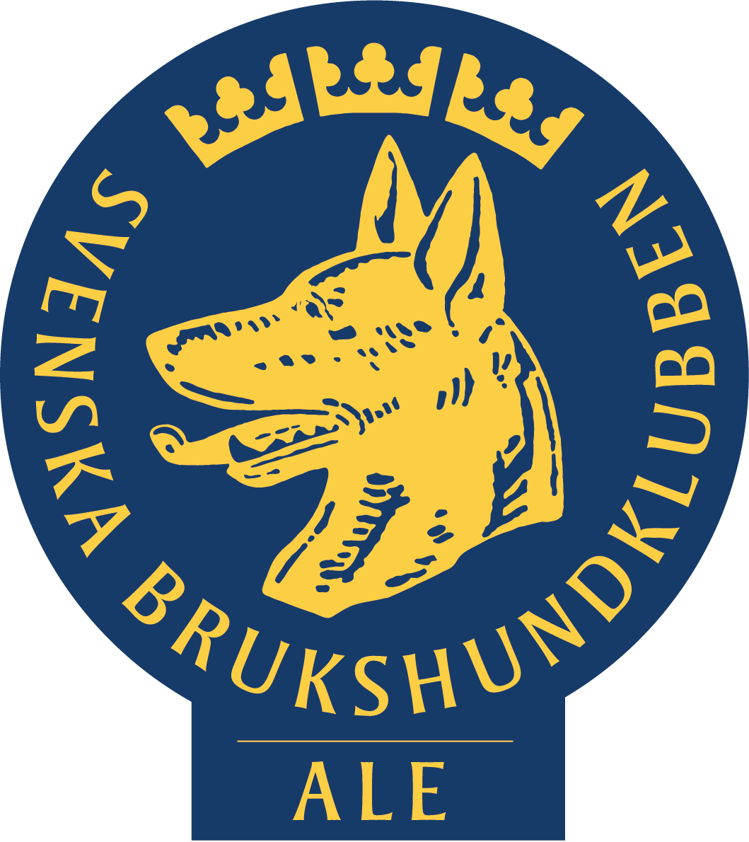 Blå gul logga på Svenska brukshundklubbens logga. En hund med tre kronor över hunden. Står Ale längst ner på loggan. 
