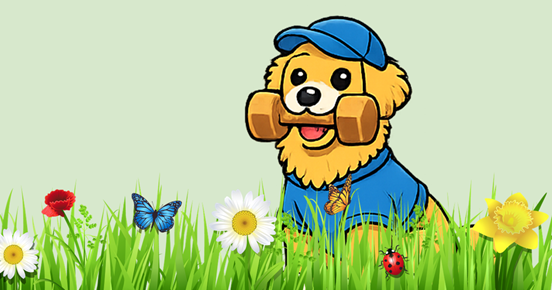 Tecknad bild på en hund med apport i munnen