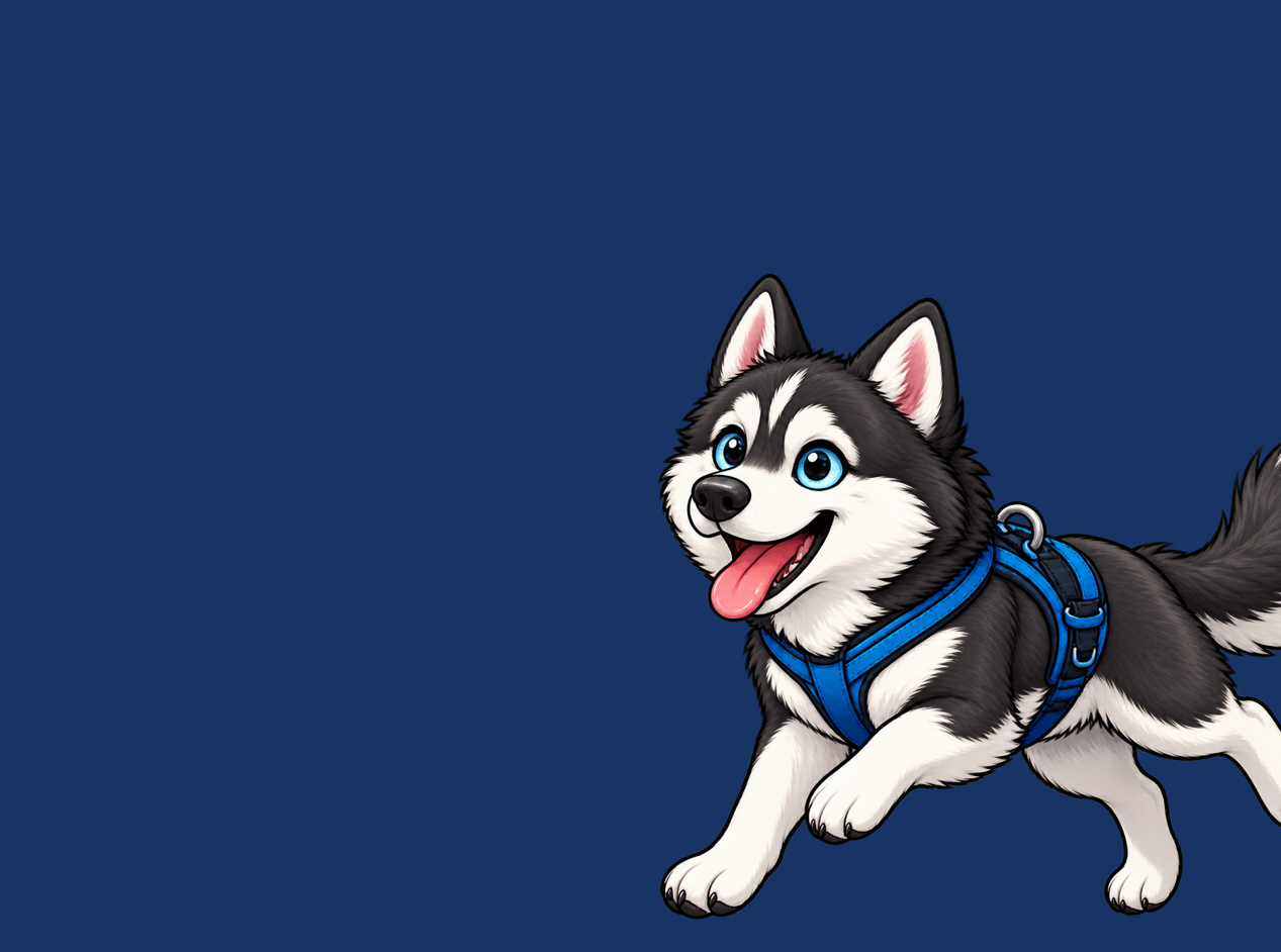 Tecknad bild på en husky med dragsele
