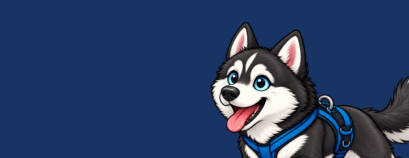 Tecknad bild på en husky med dragsele