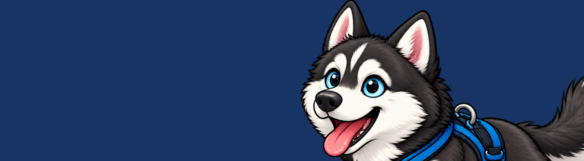 Tecknad bild på en husky med dragsele