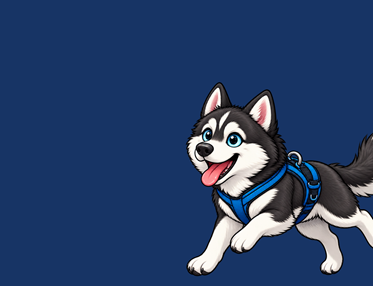 Tecknad bild på en husky med dragsele