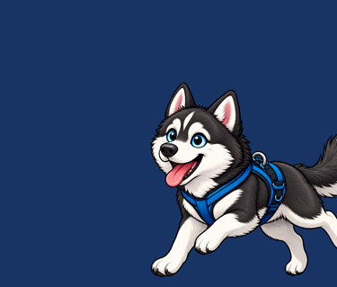 Tecknad bild på en husky med dragsele