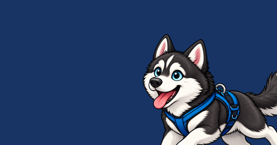 Tecknad bild på en husky med dragsele