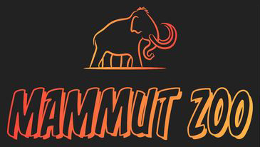 Logga för Mammut Zoo – svart bakgrund orange text och bild av en Mamut.