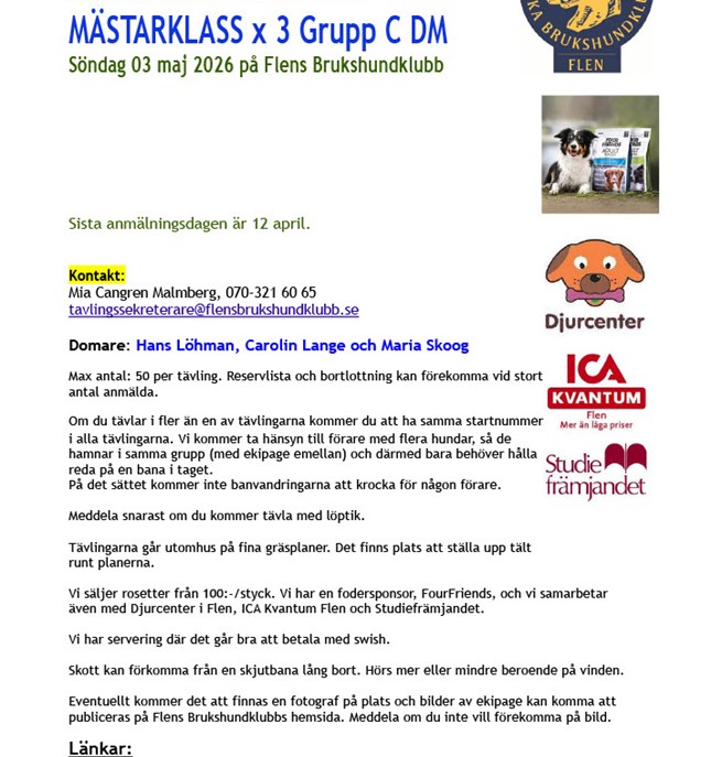 Inbjudan till rallylydnadstävling mästarklass DM