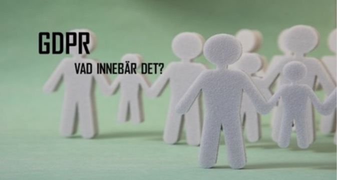 Text GDPR vad innebär det? I en grön bakgrunden ser vi gråa tecknade gubbar 