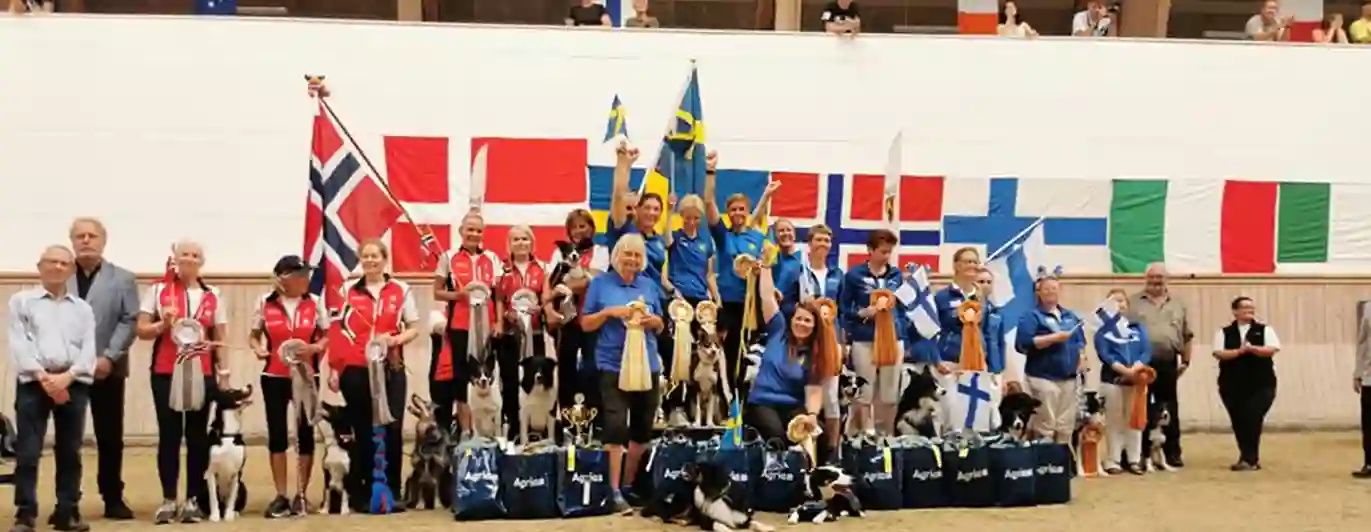 Foto på prispallen för lagdelen av VM i lydnad 2022. Sverige vann guld.
