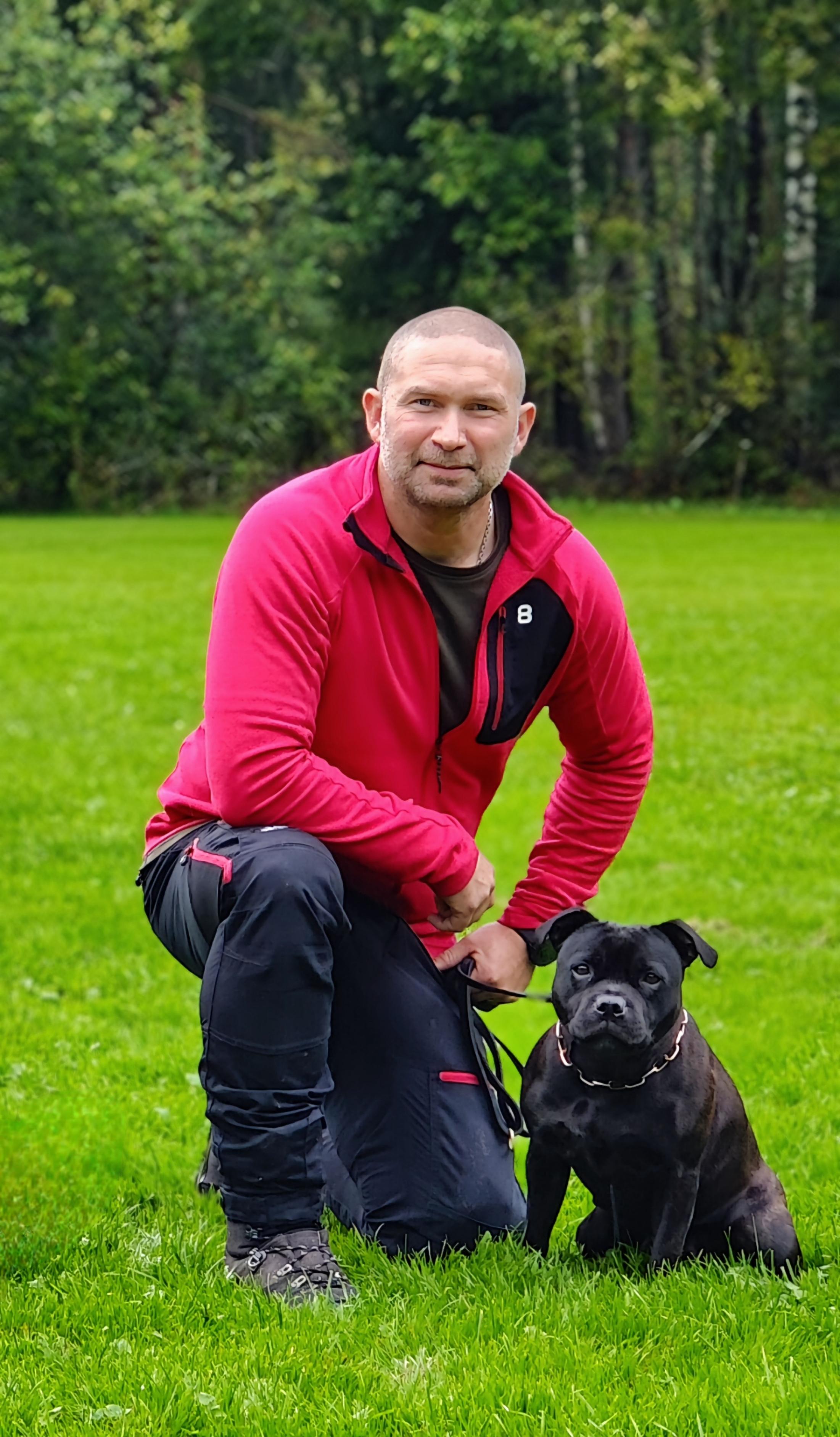 Staffordshire bullterrier sitter bredvid sin husse