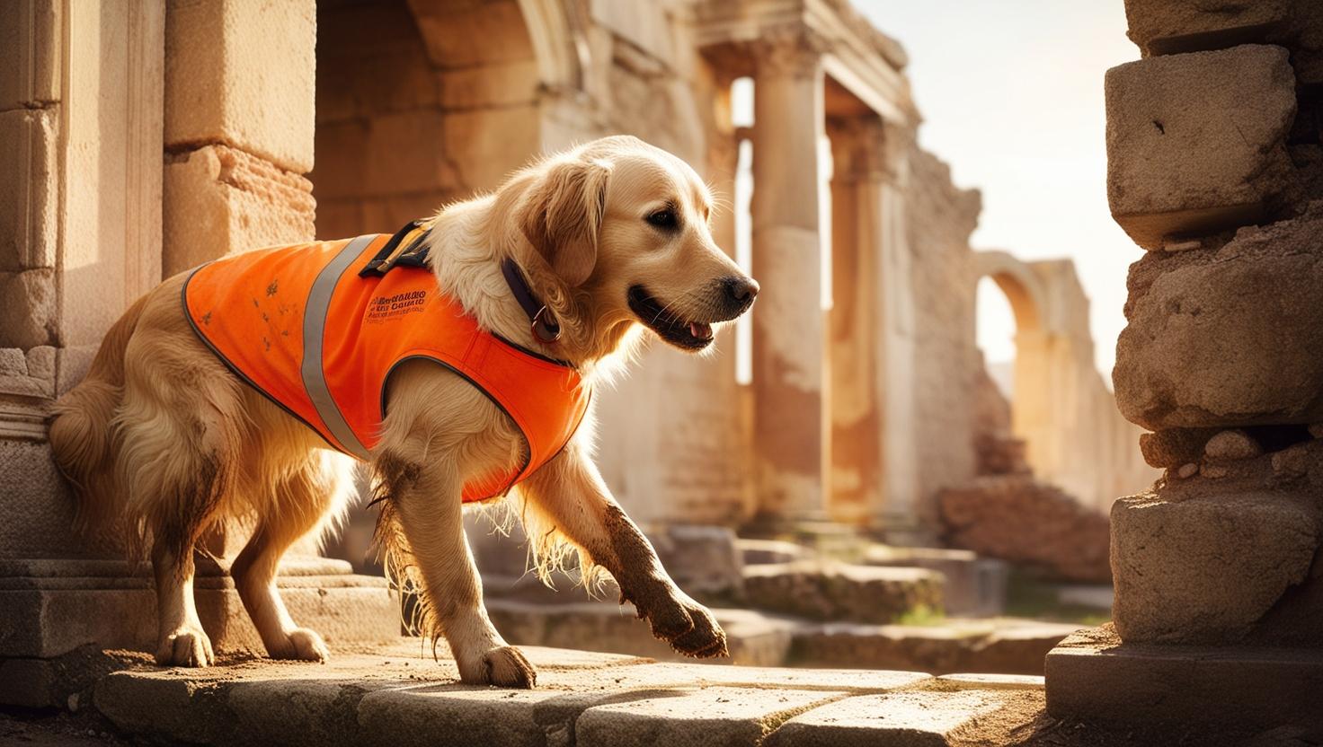 Räddningshund som arbetar i ruiner