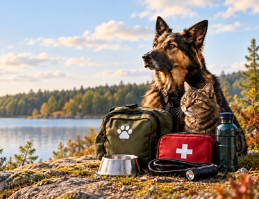 Bild på schäfer och katt med förbandslådor